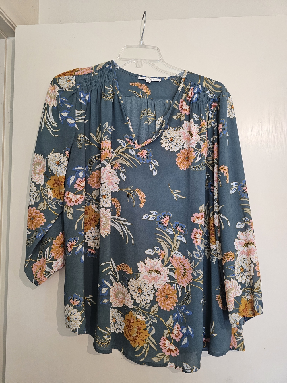 fun 2 fun Teal Floral V-Neck Blouse